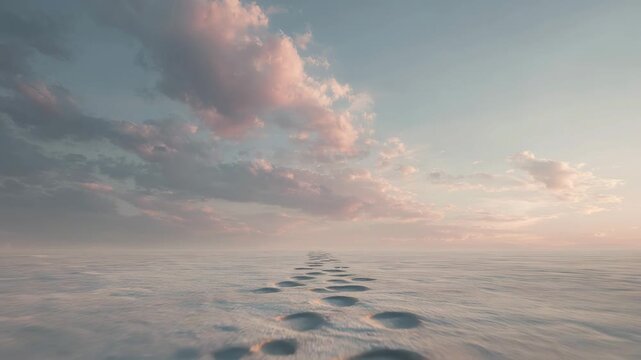 Footprints lead into the distance on a vast snowy plain under a sunset sky