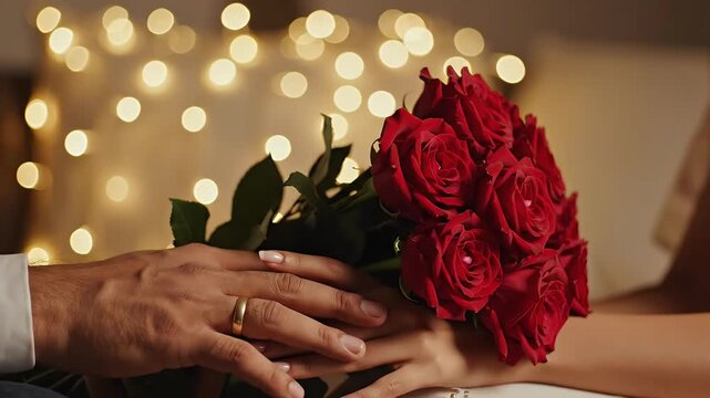 Romantic close-up of a couple holding red roses and wedding rings symbolizing love commitment and celebration against a warm bokeh background
