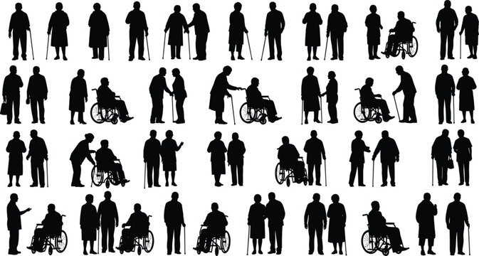 Elderly people silhouette set, senior citizens walking with canes, person in wheelchair, nursing home care, old couple, disabled, geriatric assistance