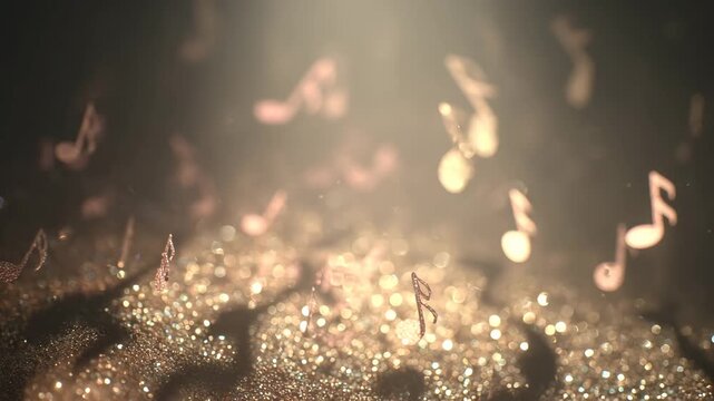 Magical musical notes floating over sparkling golden glitter background with soft bokeh