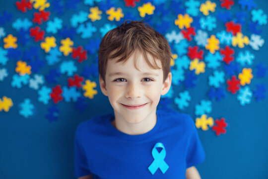 A young boy wearing a blue shirt with a puzzle piece ribbon supports autism awareness during the month.