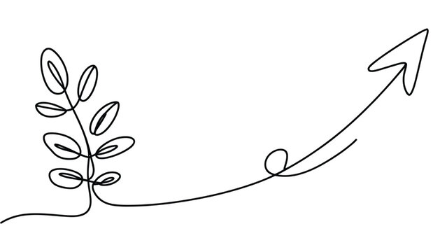 Continuous line drawing of plant growth with upward arrow minimalist one line art business growth illustration isolated on white