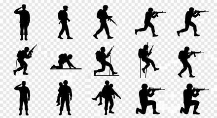 Military Silhouettes: Soldiers in Action Poses, Combat and Training