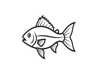 A black and white line drawing of a fish swimming to the left