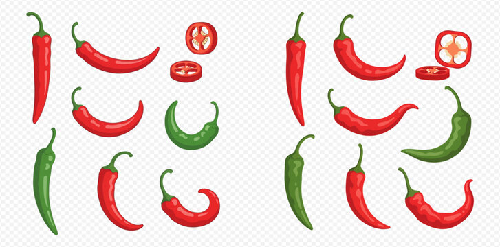 Set of fresh red and green chili peppers, whole and sliced, isolated on transparent background.