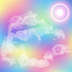 Dreamy Pastel Sky with Clouds and Glowing Orb.