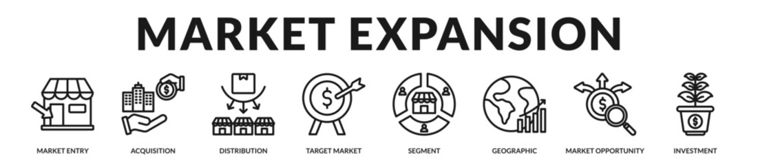 Market expansion strategy presenting geographic scaling, targeted acquisition, and structured distribution growth. in Lineal Icon Style © Zero_wing