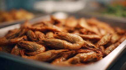 A generous serving of cooked golden brown shrimp in a metal tray prepared for a delicious meal