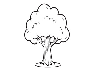 A simple line drawing of a tree with a thick trunk and fluffy cloud like foliage