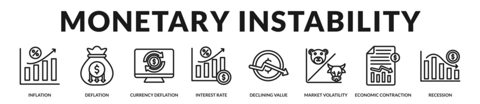 Monetary instability concept capturing currency pressure, rate fluctuation, and contractionary economic forces. in Lineal Icon Style