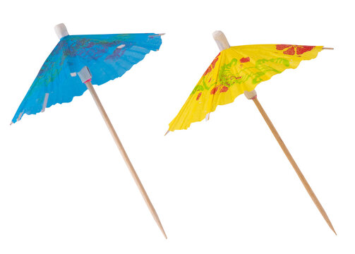 Cocktail Umbrella on Stick isolated on white background. Blue yellow color umbrellas.