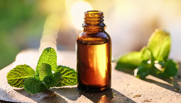 amber bottle w dropper mint sprigs oil bathed in sunlight