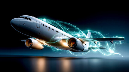 A large jetliner flying through the air with a blue light coming out of it