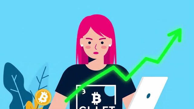 A woman holds a laptop while a Bitcoin logo with a rising chart illustrates financial growth and optimism in cryptocurrency.