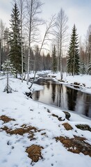 Winter River Scene - Snow-Covered Landscape with Reflective Water.