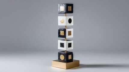 Modern geometric sculpture with stacked cubes, gold accents, balanced on a gold base, grey backdrop