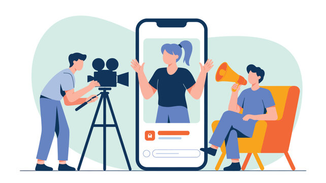 Content creator recording video with camera and smartphone screen social media influencer flat vector illustration modern vlog concept