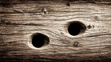Close-up of weathered wooden plank with two dark, round holes, showing wood grain details