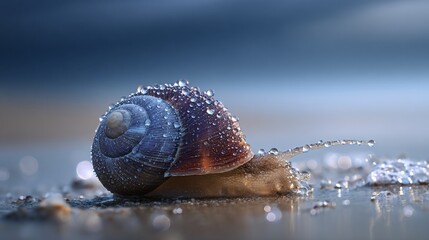 Close-up of a snail with water droplets glistening on its shell against a blurry blue background