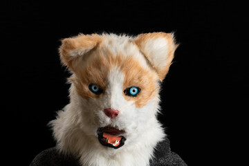 Realistic Animal Fursuit Head with Blue Eyes on Black Background, Anthropomorphic Cat or Dog Mask for Cosplay and Therian Culture