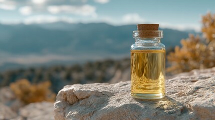 Small glass bottle with cork, filled with yellow liquid, sits on a rock, with mountain background