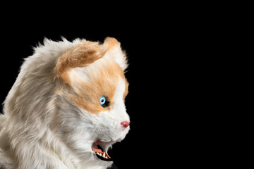 Side Perspective of White and Ginger Feline Cosplay Mask, Professional Cat Like Mask in Profile with Open Mouth