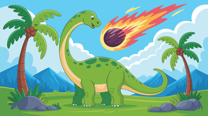Cute dinosaur in prehistoric landscape with falling meteor colorful cartoon vector illustration fantasy jurassic scene © muhammad
