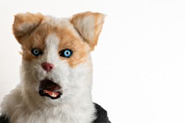 White and Ginger Character Costume Head for Furry Fandom, Anthropomorphic Cat or Dog Mask with Blue Eyes for Cosplay, Copy Space