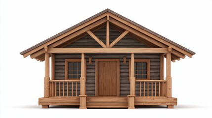 Rendered wooden cabin with porch, windows, and door against a white background