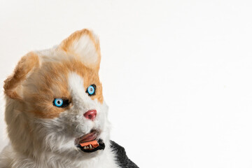 White and Ginger Therian Mask with Open Mouth and Copyspace, Three-Quarter View of Fursuit Mask Isolated on White Background, Realistic Animal Costume Head Mockup with Space for Text