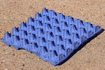 An empty blue egg carton