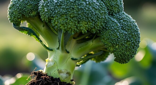 A vibrant green broccoli plant, freshly picked with roots and soil, stands upright in a garden.