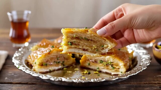 Delicious baklava pieces on decorative tray and close up female hand holding dessert piece displaying layers of filling