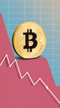 Moeda digital com s&iacute;mbolo de Bitcoin representa criptomoeda, blockchain, investimento, mercado financeiro e tecnologia descentralizada