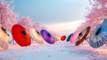 満開の桜並木と地面に敷き詰められた花びらの中に並ぶ、色とりどりの伝統的な和傘の幻想的な風景。日本の春の美学と静寂を表現した、ライトアップされた和の空間
