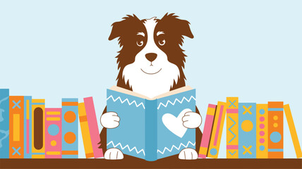 Cute dog reading book between colorful bookshelves cartoon vector illustration of smart puppy education concept © muhammad