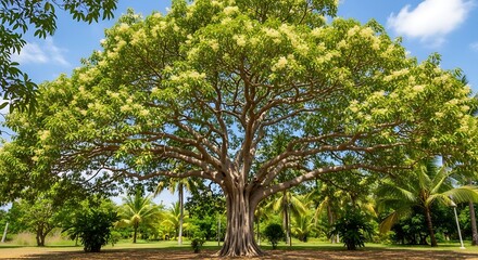Fototapeta premium Large, ancient tree with white blossoms stands in a tropical garden.
