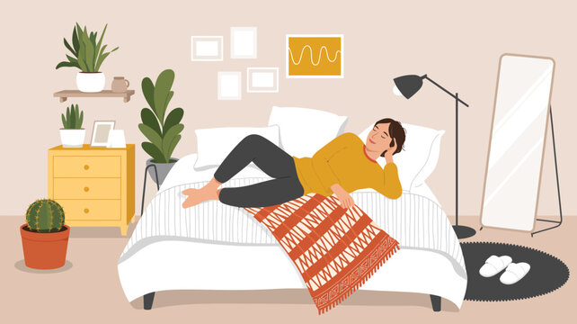Woman relaxing on bed using smartphone in cozy bedroom interior flat vector illustration modern lifestyle home comfort concept
