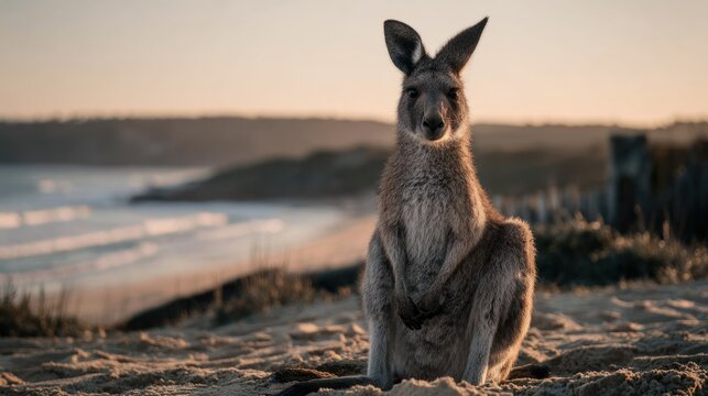 Kangaroo in natural habitat outdoors at sunset with ocean and coastline view