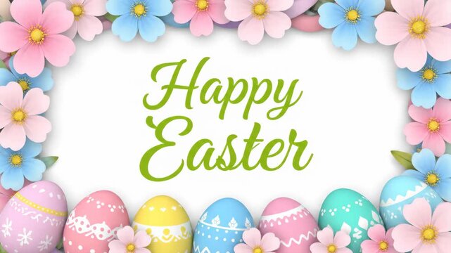 Animated frame for easter with decorated eggs and pastel flowers revealing a greeting. Festive spring holiday design for digital cards, social media and seasonal promotions