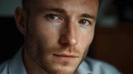 Obraz premium Intimate close up portrait of a man with striking heterochromia and dramatic lighting