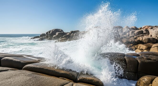 Crashing white foam waves hit rugged grey granite rocks along a pristine, undeveloped coast, showing the powerful interface of ocean and land, nature, boulder, scenic