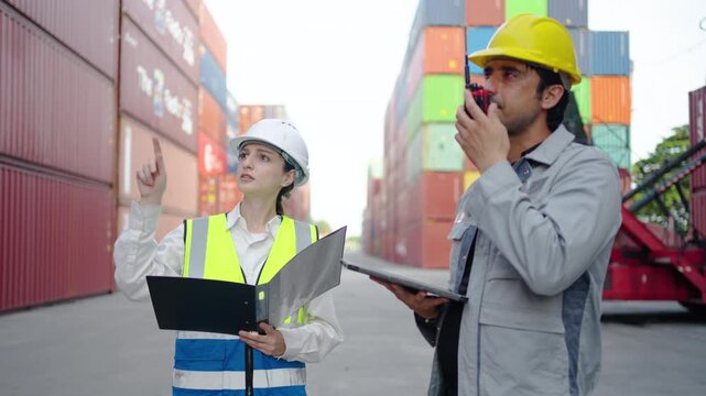 Professional logistics team manages operations in a shipping container yard. Male worker uses a walkie-talkie while the female supervisor points and checks inventory for export-import management.