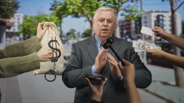 Elderly man in suit with arms crossed rejects offers of money, a gavel and a dollar bag on a street; corruption guilt.