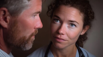 Obraz premium Close up portrait of a male physician and female nurse in a serious medical consultation with dramatic high contrast lighting