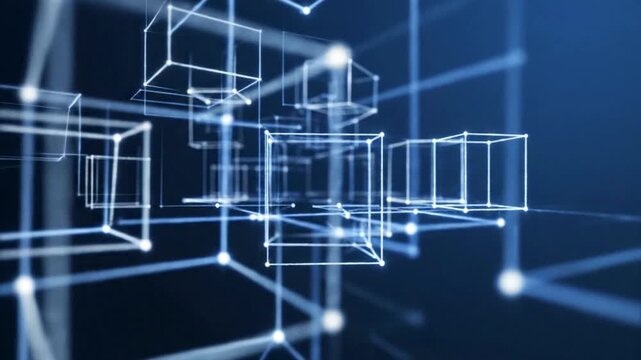 Dynamic 3D wireframe cubes rotating in a futuristic digital space with neon blue accents