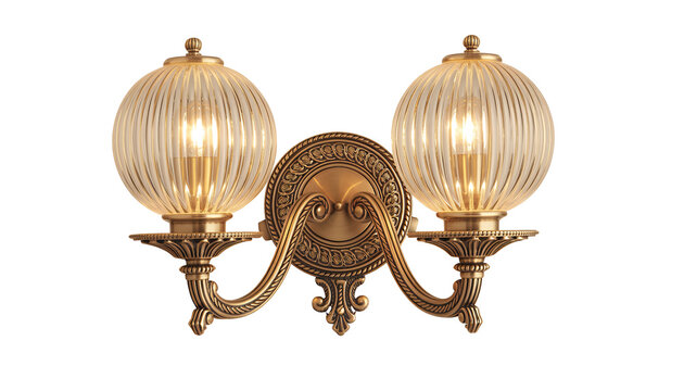 Vintage gold wall light fixture with two glass shades on a white background isolated on a transparent background