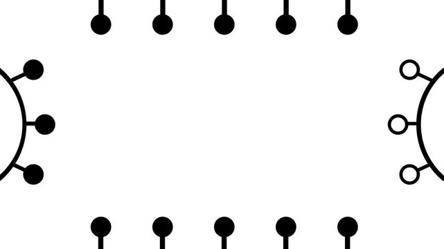 A rectangular frame is surrounded by many small circular nodes on all sides to represent a circuit board interface or a multi point hardware port