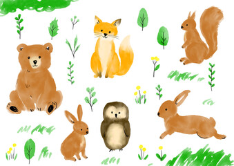 Cute woodland animals watercolor set &ndash; hand drawn forest animal collection 