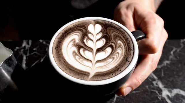 Professional Barista Pouring Steamed Milk into Dark Latte Art Cup
